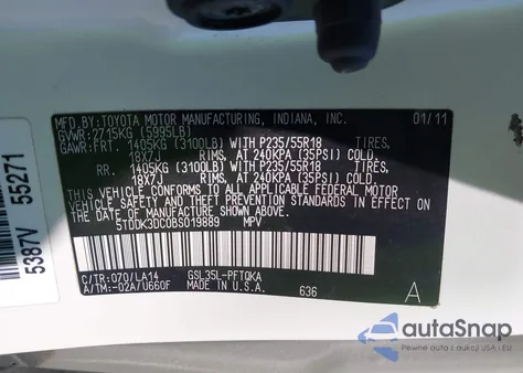 2011 Toyota Sienna Limited z USA, uszkodzony, nr VIN 5TDDK3DC0BS019889